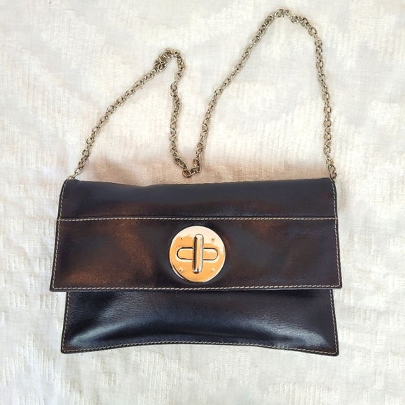 ili New York small black leather envelope clutch silver clasp chain strap edgy